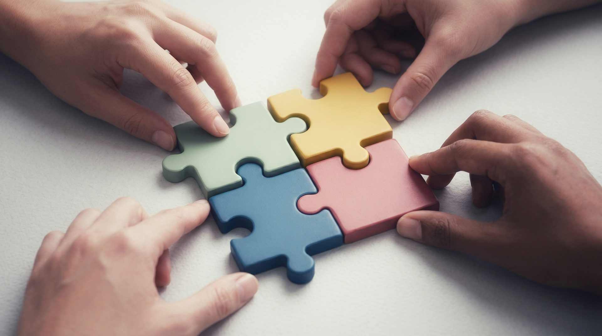 Hands connecting colorful puzzle pieces together